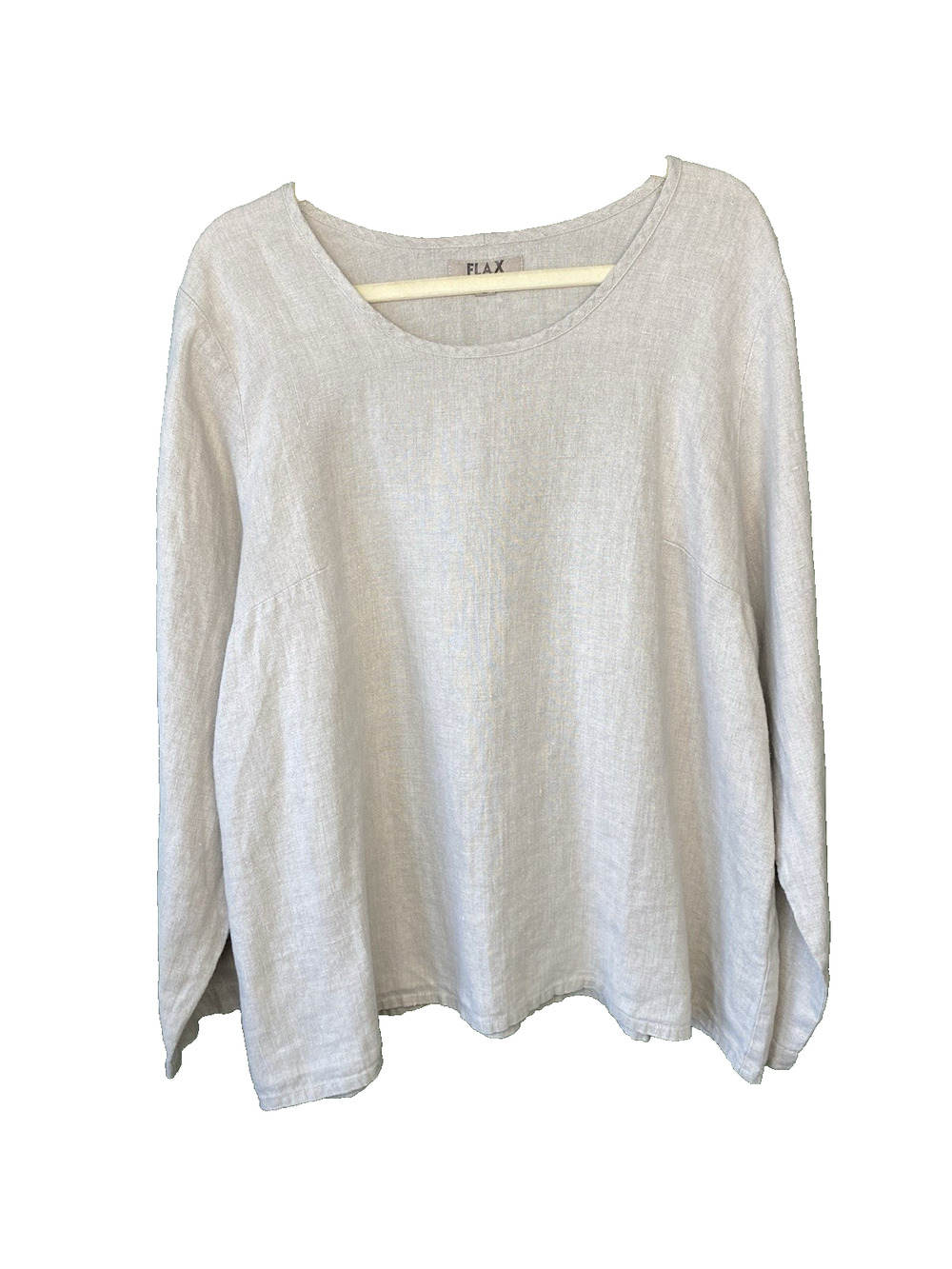 FLAX 100% Linen Shirt Womens Sz Large Long Sleeve Casual Tan Lagenlook Pullover